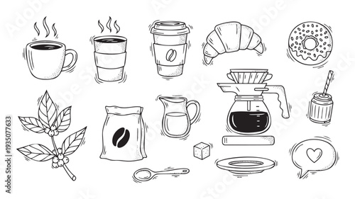 Hand drawn coffee and breakfast essentials collection with hot beverages pastries and brewing tools perfect for cafe branding menu design and social media graphics
