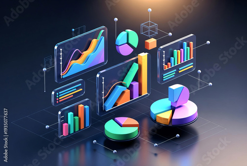 3D charts and graphs of business indicators.