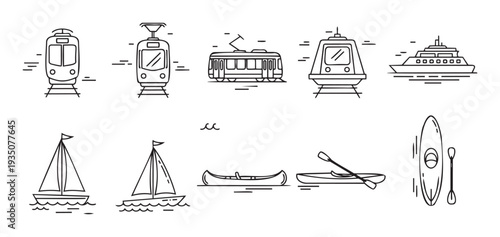 Collection of outline icons representing various transportation modes and watercraft including trains, trams, boats, kayaks, and canoes for travel and adventure concepts