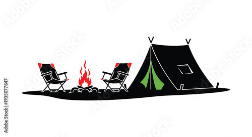 A tranquil camping scene depicts chairs around a fire and a tent presented as a striking silhouette high quality professional detailed