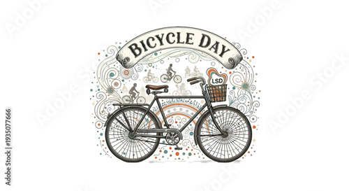 Vintage Bicycle Illustration with Bicycle Day Banner.