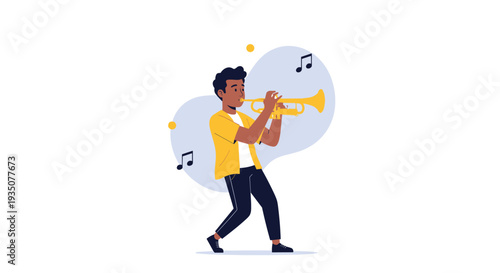 Young african american boy passionately plays a golden trumpet with floating music notes against a soft background.