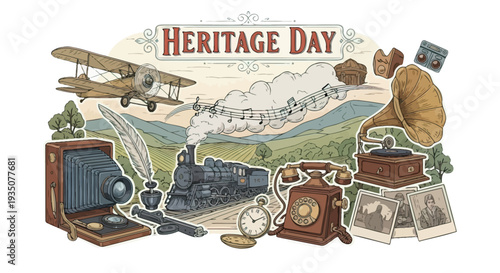 Vintage Objects Representing Heritage Day Celebration.
