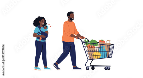 Happy african american father and mother with a baby in a carrier walk together while pushing a full shopping cart.