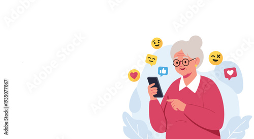 Happy elderly woman using a smartphone with various social media icons like hearts and likes floating around her in the air.