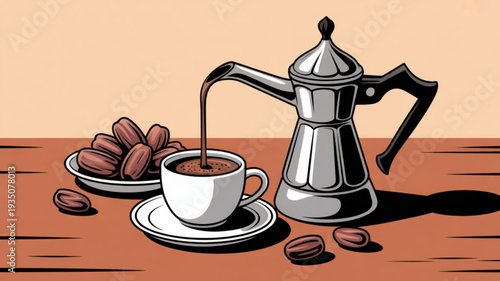 Coffee pouring from metal pot into white cup on saucer with coffee beans on plate