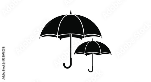 Two black umbrellas are displayed against a white background differing in size and shape creating a striking silhouette high quality professional