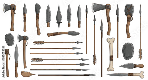 Extensive collection of prehistoric stone age tools and weapons including axes, spears, arrows, and various bone implements.