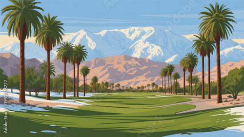 Golf course with palm trees and snow capped mountains in background sunny desert landscape