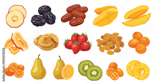 Large variety of delicious dried fruits including apricots, figs, dates, mangoes, strawberries, and pineapples in a set.