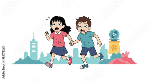 Two frightened children, a boy and a girl, run hand in hand away from a danger in a city environment with fearful faces.