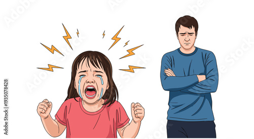 Little girl crying and having a temper tantrum while her father stands nearby looking stressed and frustrated.