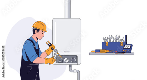 Skilled technician in uniform and hard hat uses tools to repair a modern gas boiler or water heater system.