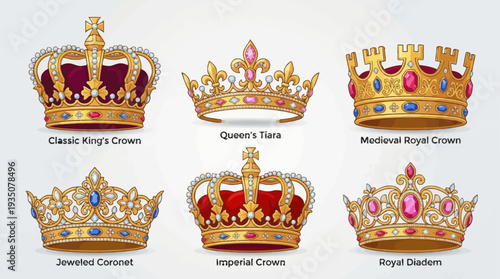 Luxury Golden Crown Collection Vector Illustration Set