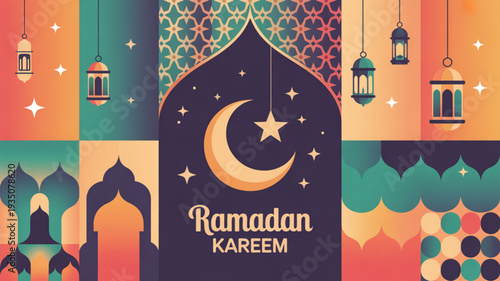 Vibrant ramadan kareem greeting card with crescent moon lanterns and islamic patterns symbolizing festive joy and spirituality