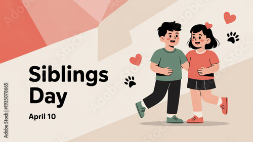 Happy siblings day brother and sister running together with hearts and paw prints celebrating sibling love and friendship on april 10th colorful illustration