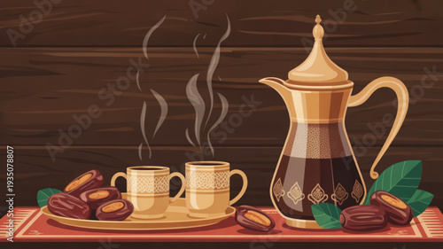 Steaming cups of coffee in traditional arabic coffee pot with dates on wooden table