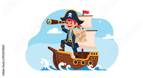 Little boy dressed as a pirate stands on a wooden ship deck and looks through a telescope while holding a treasure map.