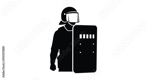 A stark black silhouette depicts a riot police officer holding a shield symbolizing control and potential conflict silhouette high quality professional