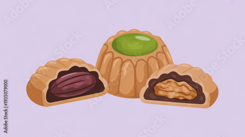 Delicious mooncakes with various fillings traditional dessert for mid autumn festival sweet treats with purple green and brown ingredients on a light purple background