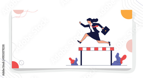 Determined businesswoman in a suit carrying a briefcase jumps over a hurdle to overcome challenges and obstacles.
