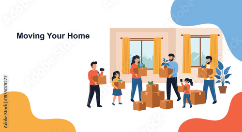 Happy family with children carries cardboard boxes into their new house while celebrating a successful home move.