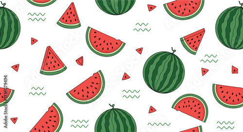 Seamless Watermelon Pattern with Fresh Summer Fruit Slices and Whole Melons for Textile Wrapping Paper Backgrounds Wallpaper Fabric and Surface Design
