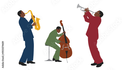 Jazz musicians playing saxophone, double bass and trumpet in colorful suits