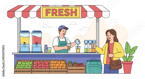 Friendly vendor at a colorful fresh juice and fruit stand serves a customer a healthy drink in an outdoor market.