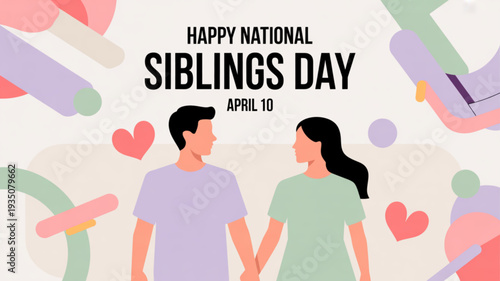 National siblings day illustration of brother and sister holding hands on april 10 with hearts and pastel colors