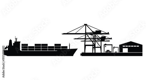 A stark black silhouette depicts a cargo ship docked at a port with cranes and warehouse buildings silhouette high quality professional