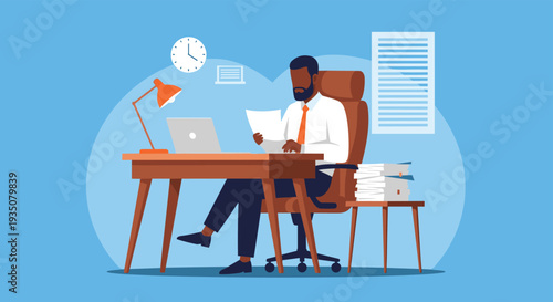 Dedicated businessman works at his office desk with a laptop and papers late into the evening to meet a deadline.