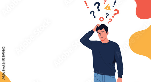 Confused man scratches his head while many question and exclamation marks float above him in a colorful scene.