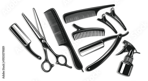 Vintage Barber Tools: Scissors, Comb, Razor, Spritzer, Hair Clips