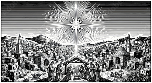 Nativity Scene Under Starry Sky in Ancient City - Christmas Illustration