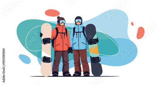 Active couple in winter clothing poses together while holding their snowboards against an abstract blue background.