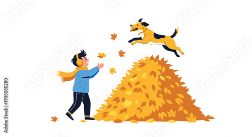 Happy young boy throws autumn leaves in the air while his energetic dog jumps over a large pile of yellow foliage.