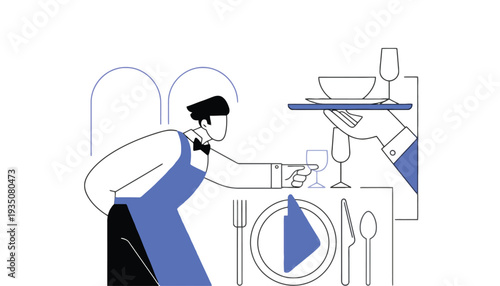 Waiter serving food and drinks in restaurant with blue napkin