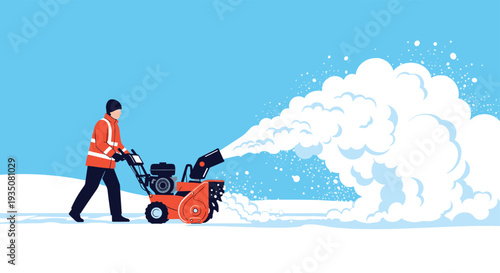 Man in orange safety jacket and winter gear operating red snow blower machine to clear heavy snow under clear bright blue sky.