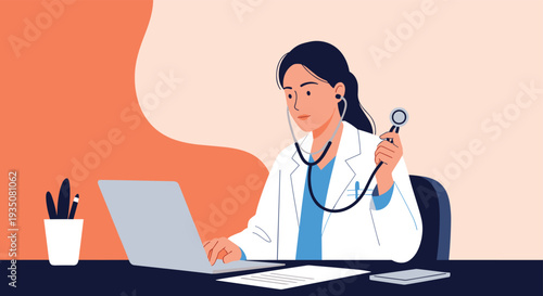 Professional young female doctor wearing white coat and stethoscope sitting at her desk and working on laptop in medical office environment.