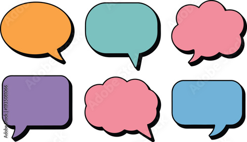 Colorful collection of six speech bubbles in various shapes and pastel colors