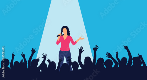 Silhouette of female singer performing on stage under bright white spotlight in front of an enthusiastic cheering crowd with hands raised.
