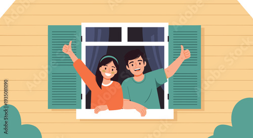 Happy young couple looking out of open house window with green shutters and giving thumbs up gestures while smiling at the viewer.