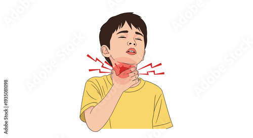 Young boy in yellow t-shirt suffering from severe sore throat pain while holding his neck with red flash marks indicating inflammation.