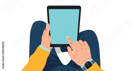 Top view illustration of a person wearing yellow sweater and smartwatch using a digital tablet with blue screen while sitting down.