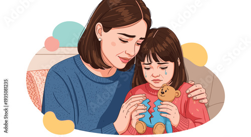 Caring mother hugging and comforting her sad crying young daughter who is holding a broken teddy bear toy in a gentle loving scene.