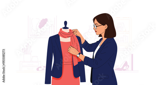 Professional female fashion designer in glasses and blue blazer adjusting scarf on a mannequin in her creative dressmaking studio workshop.