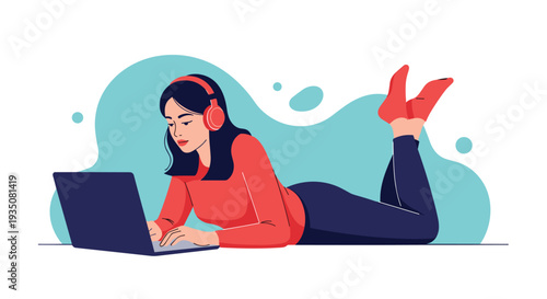 Woman in red sweater and headphones lying on her stomach on floor and working or studying on laptop computer against blue wave background.