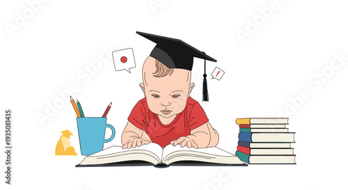 Baby wearing black graduation cap sitting and looking at an open book with pencils and stacks of books nearby representing early learning.