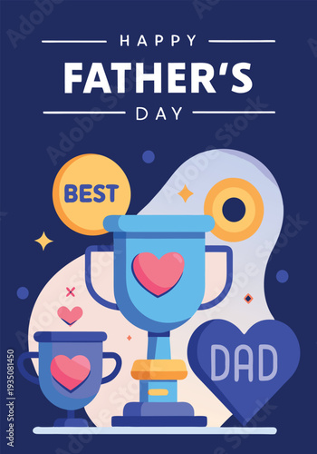 A vibrant illustration celebrating father's day with a grand trophy, a smaller cup, and hearts, conveying appreciation for the best dad
